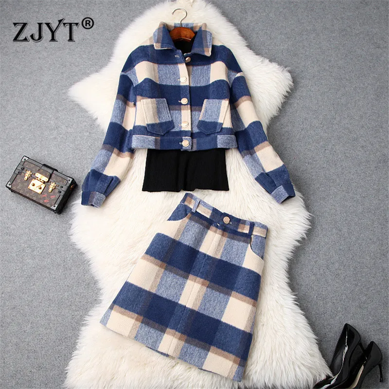 

Autumn Winter Women's Dress Suit Fashion Designers Short Plaid Woolen Jacket+Knitted Top+Skirt 3Piece Clothing Set Casual Outfit