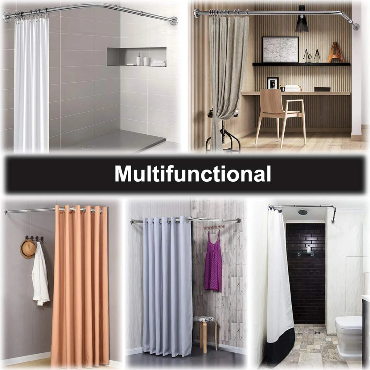 

U-Shaped Shower Curtain Rod Retractable Curved 201 Stainless Steel Rail Rod No Punching Bathroom Curtain Mounting Rod 6 Size