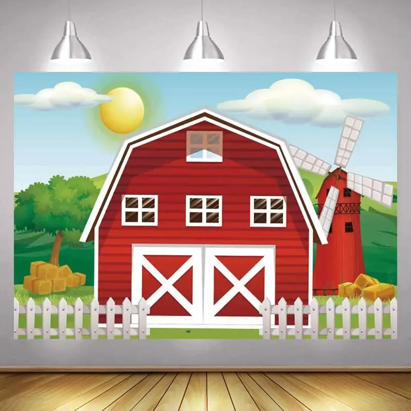 

Фон для фотосъемки новорожденных с изображением Красной фермы вечерние вечеринки в честь Дня Рождения с изображением мультяшных животных ...