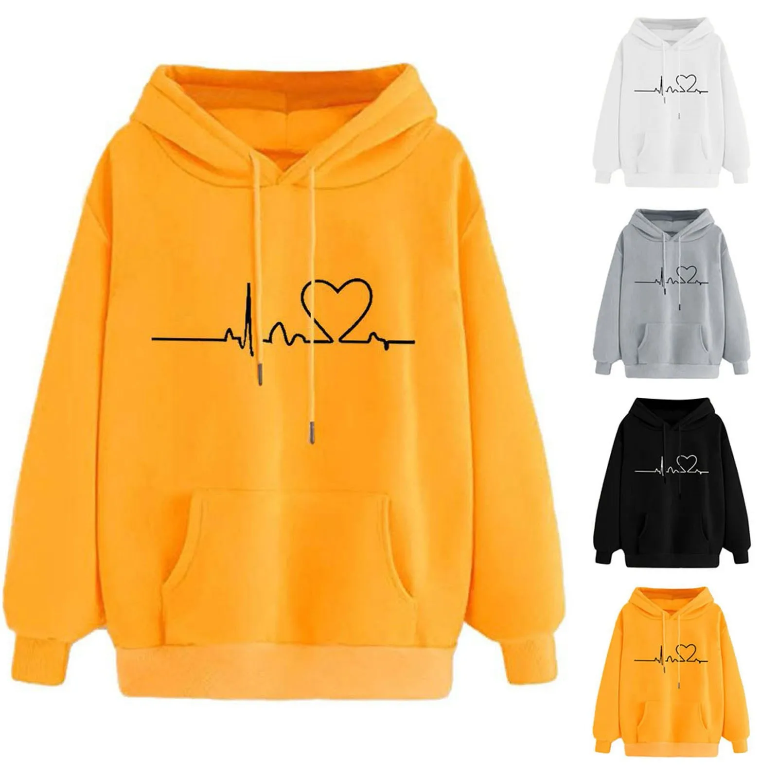 Fall Winter Hoodie Women Thick Plus Velevt Warm Oversized Sweatshirt Hoodies Casual Heartbeat Print Top Long Sleeve Loose Hooded