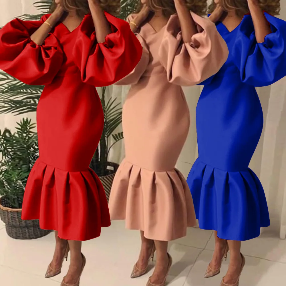 

Women Party Dress Plus Size Bodycon Dress 2021 New Fashion V Neck Long Puff Sleeves Bodycon Birthday Club Outfits Robes Vestidos