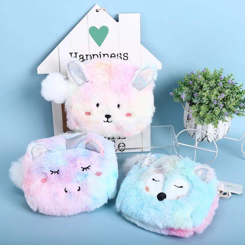 Плюшевая сумка с единорогом градиентная для хранения косметики мелочей