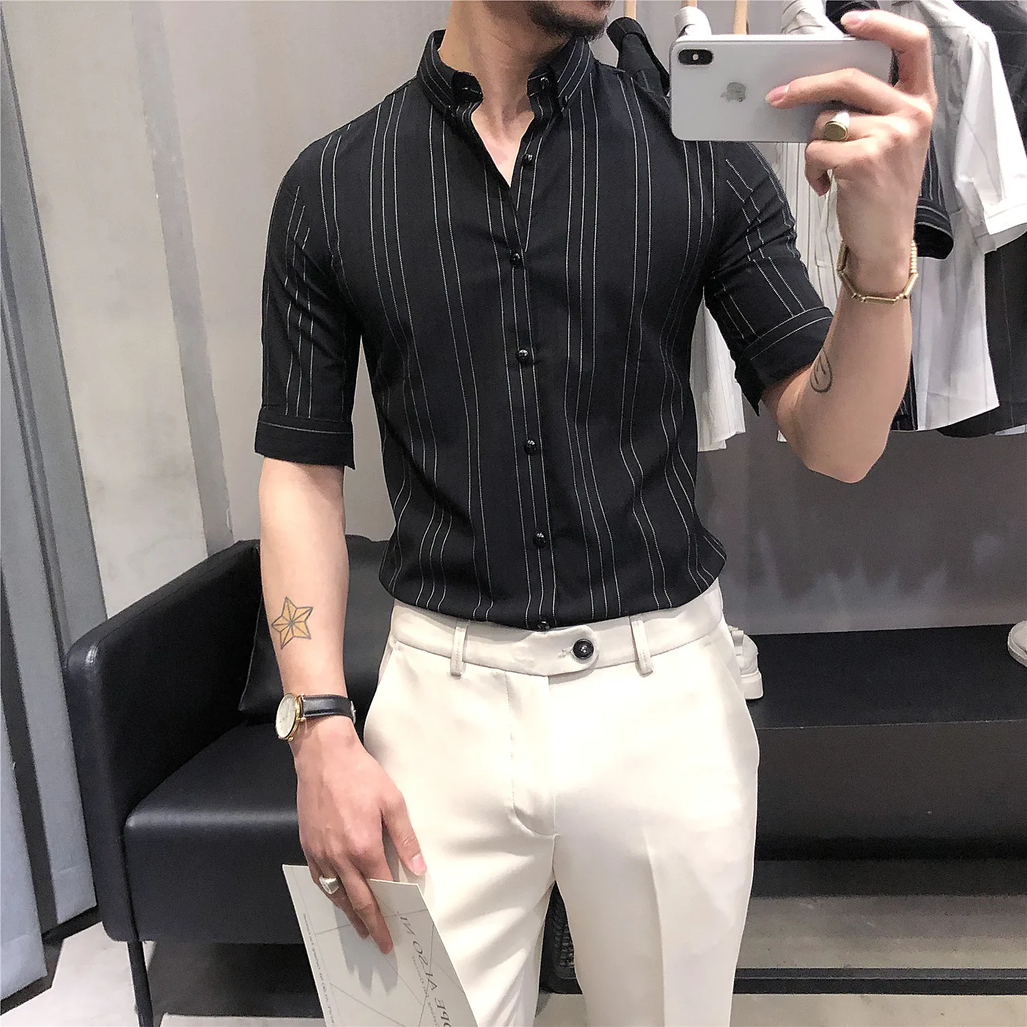 Summer Men's Stripe Shirt Brand Luxury Men Cotton Short Sleeves Dress Shirt Turn-Down Collar Cardigan Shirt Men Clothes S-3XL