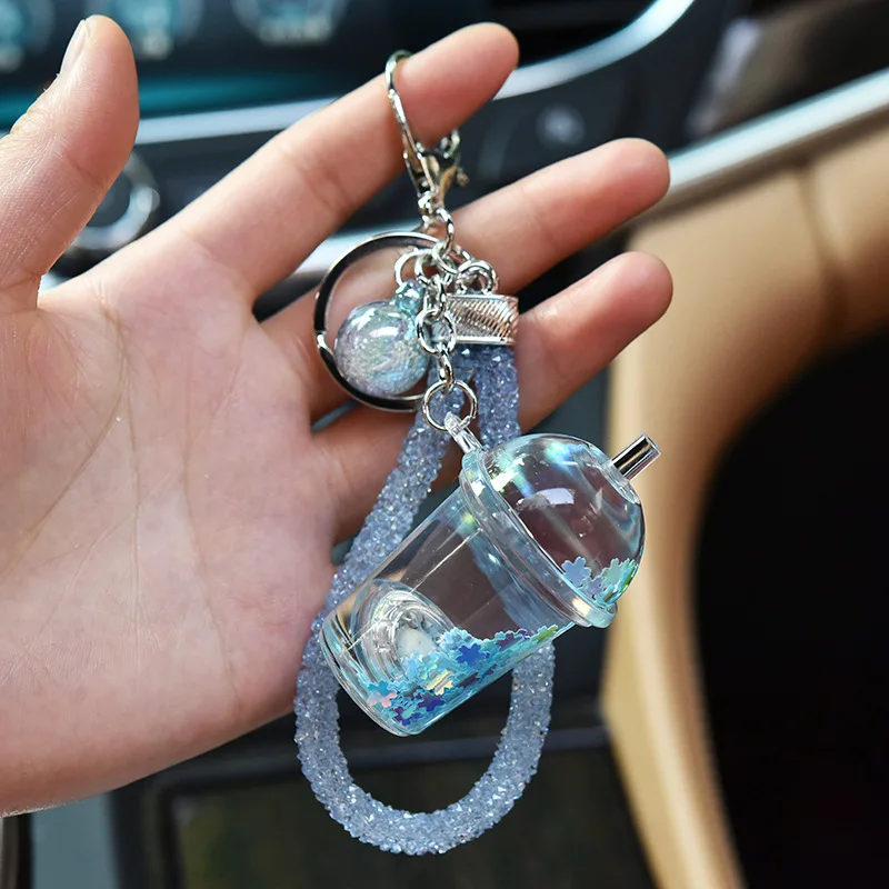 

Luminous Acrylic with Illuminated Oil Milk Tea Cup Keychain Diamond Rope Accessories Quicksand Romantic Lover Gift Bag Pendant