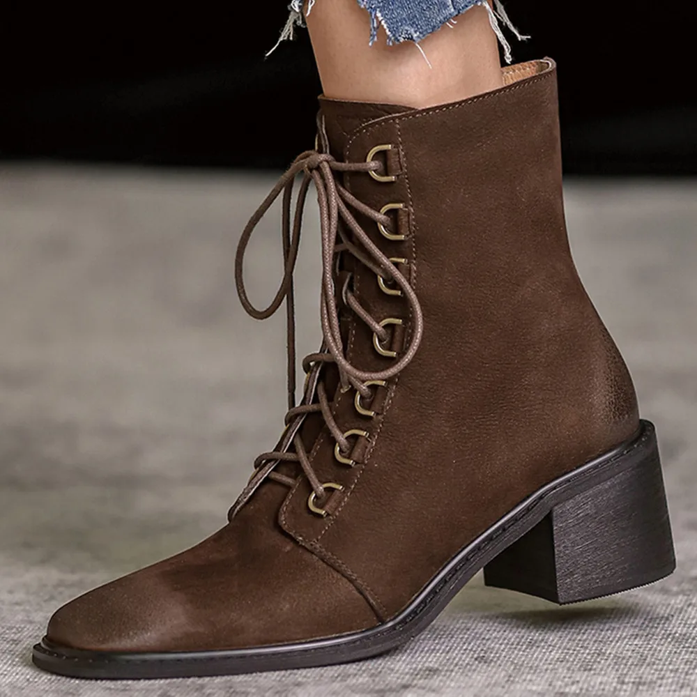 

Women's natural suede leather rivet lace-up punk motorcycle boots square toe gradient color retro autumn short ankle boots shoes