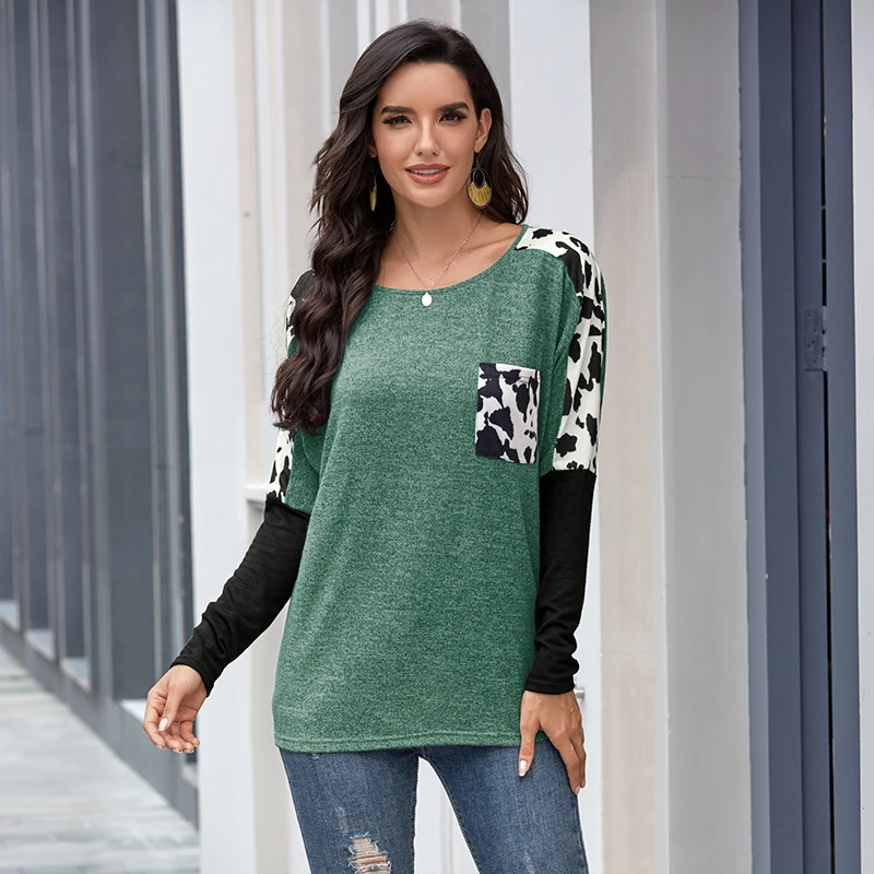 

Women Leopard Print Pullover T shirt Loose Elastic Simple Tops Blusas Fashion Pocket Long Sleeves Casual Wear All-match Clothing