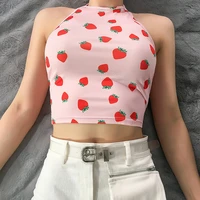 women summer tank tops vest strawberry print crop tops pink tops female spaghetti strap tanks camis sweet tops