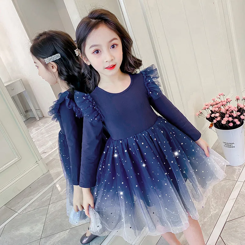 

New spring and autumn fashionable girl princess skirt, big boy long-sleeved net yarn starry skirt, super western net red