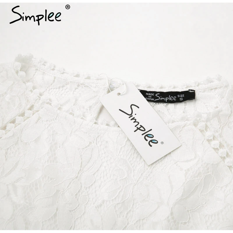 Simplee Elegant lace transparent dress Puff sleeve floral long sleeve white dress High waist ruffle office lady autumn vestidos