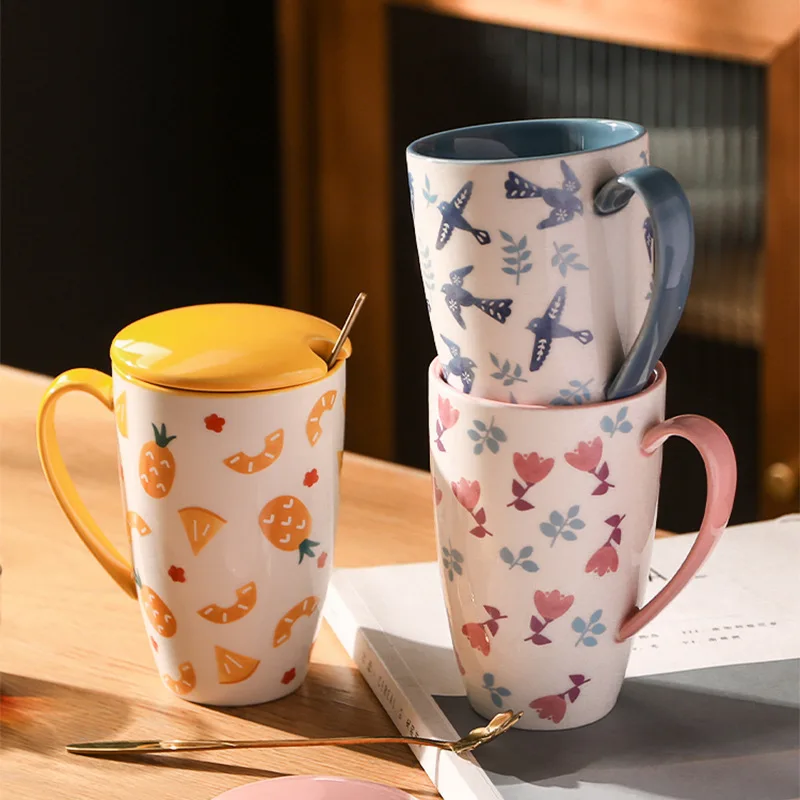 

450ml Flower Bird Universe Large Capacity Mug Ceramic Juice Water Cups With Spoon Lid Microwave Breakfast Milk Couple Cup