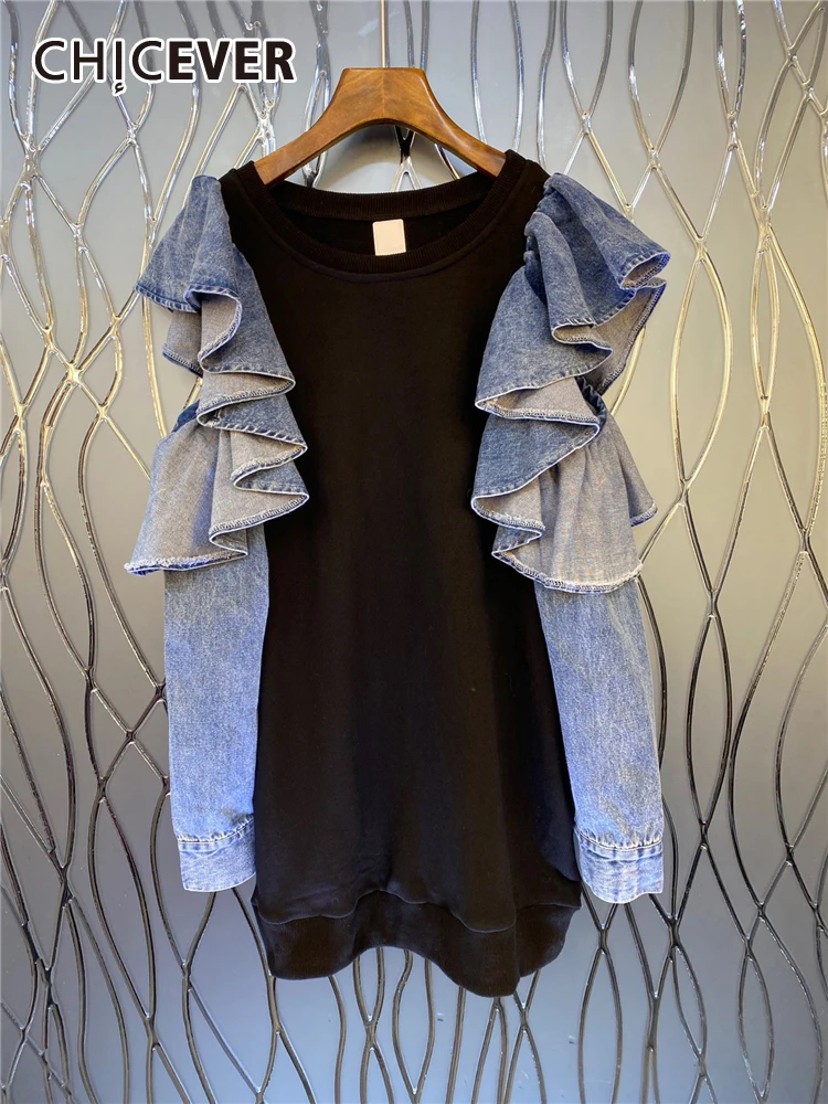 

CHICEVER Temperament Slim Fold Pleated Sweatshirt For Women Round Neck Long Sleeve Two Tone Casual Sweatshirts Female 2021 Style