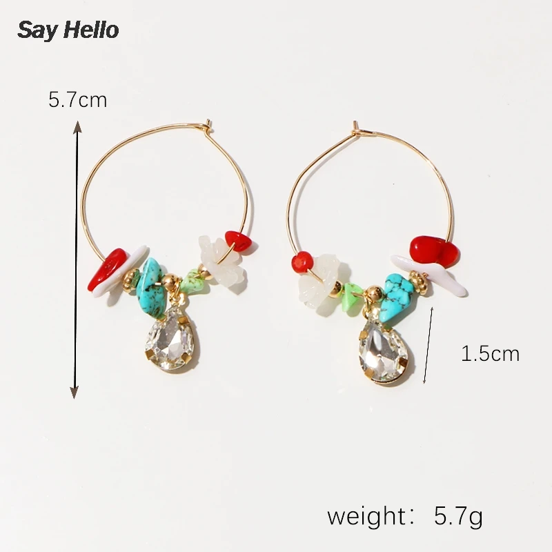 Женские асимметричные серьги кольца SAY HELLO с цветками из камня и бирюзы