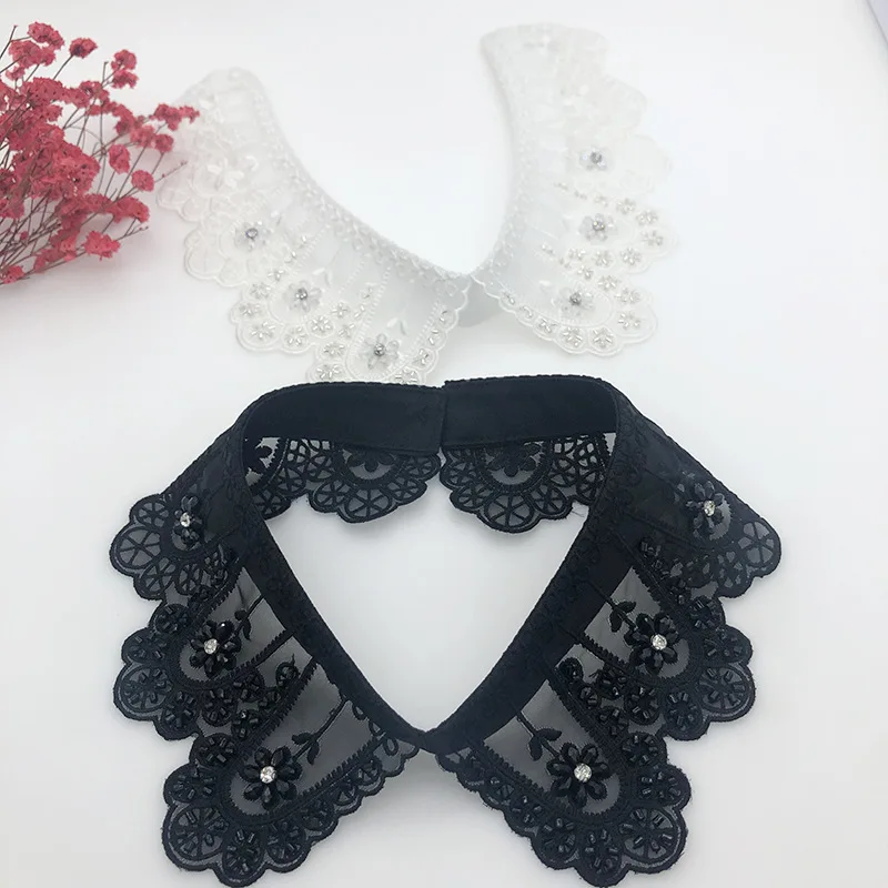 

Vintage Crystal Lace Ladies Front Tie White Fake Collar Stand Beads Detachable Collar Fake Women False Blouse Collar Half Shirt