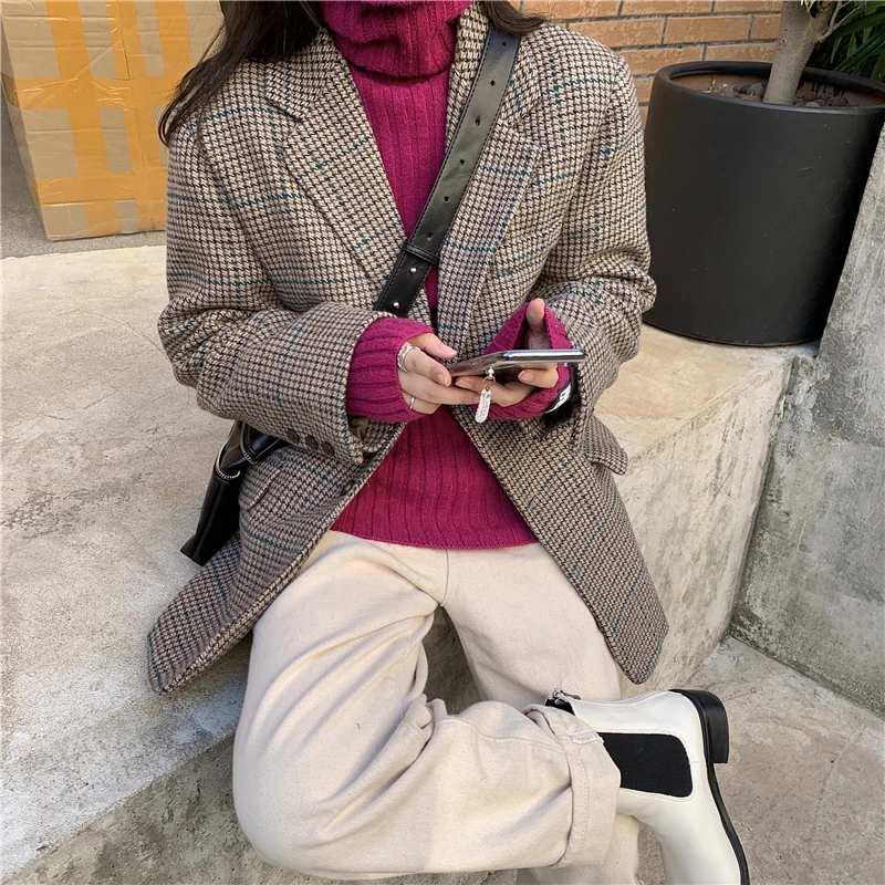 

OL Notched Vintage Thick Plaid Blazer Jacket 2021 New Autumn Spring Commuting Formal Women Blazers Loose Suit Woolen Coat