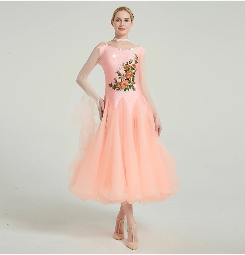 Женское бальное платье с вышивкой розовое блестками для бальных танцев танго