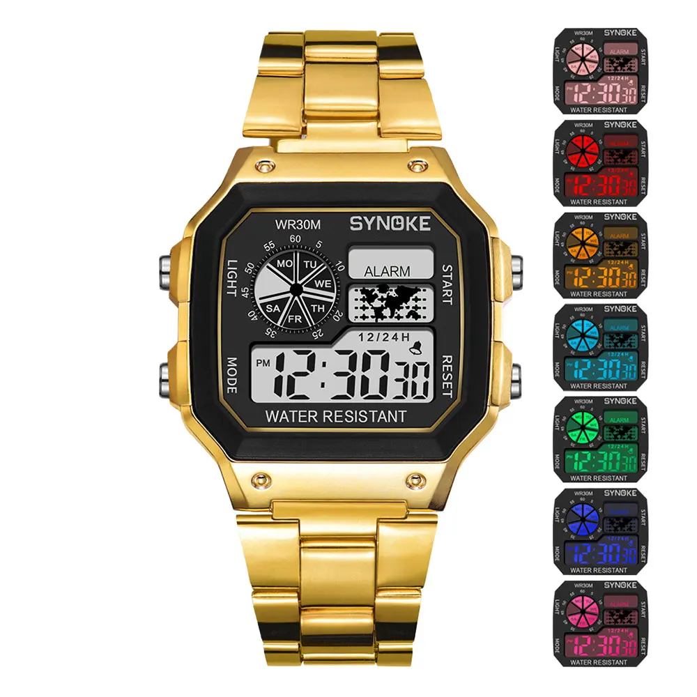Gold 2 SYNOKE мужские цифровые часы для женщин Ретро G светодиодный цифровой шок спортивные водонепроницаемые мужские наручные часы relogio masculino золотые часы - Цвет: Gold 2