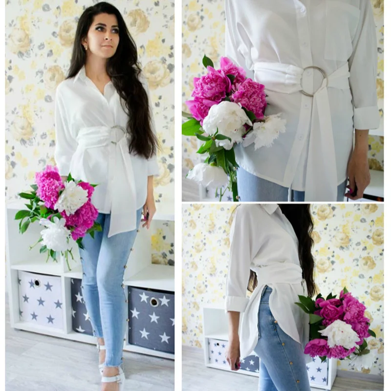 

Mazefeng Women Long Blouses 2020 Autumn Spring Casual Buttons Ladies Elegant Lace-up Fitted Waist Retro Stand Collar Tops Shirts