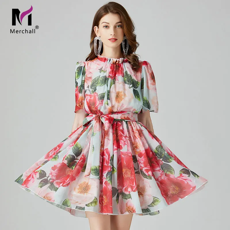 

Merchall 2021 Summer Vacation Beach Flower Print Waist Bow Ruffle Women Dresses Causal Lace up Elegant Mini Robe Vestido M7376