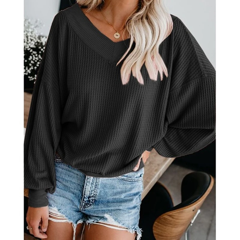 Осенняя Однотонная футболка Женская Сексуальная с длинным рукавом и v образным