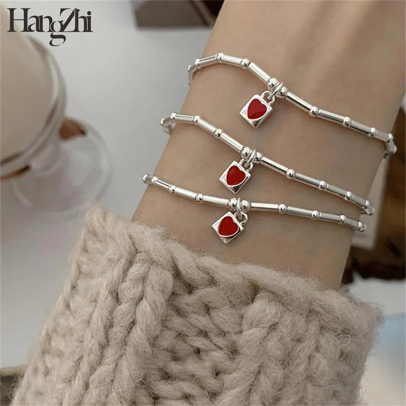 

HangZhi Bamboo Joint Beaded Elastic Bracelet Red Heart Pendant for Women Trendy Korean Silver Color Adjustable Bracelet Jewelry