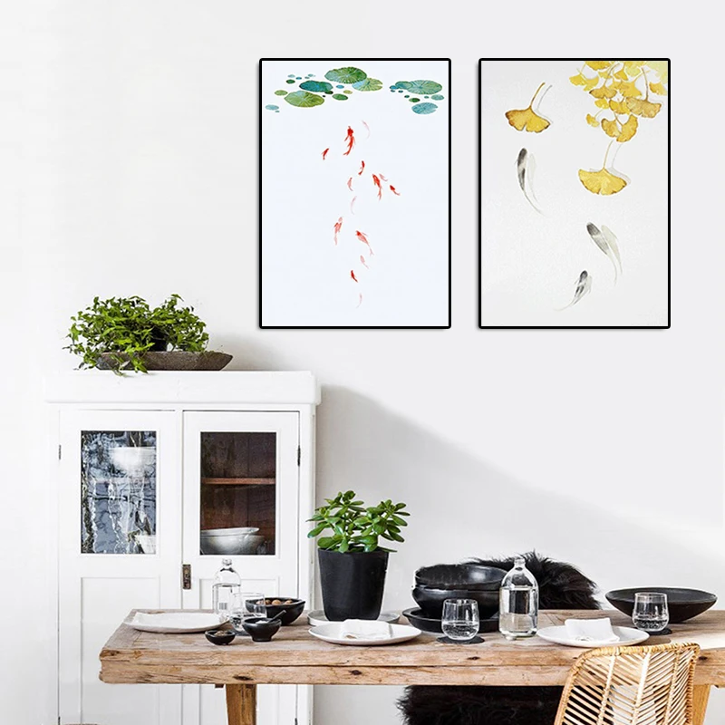 Современная Природа Стиль Рыба и листья холст живопись чернила минимализм