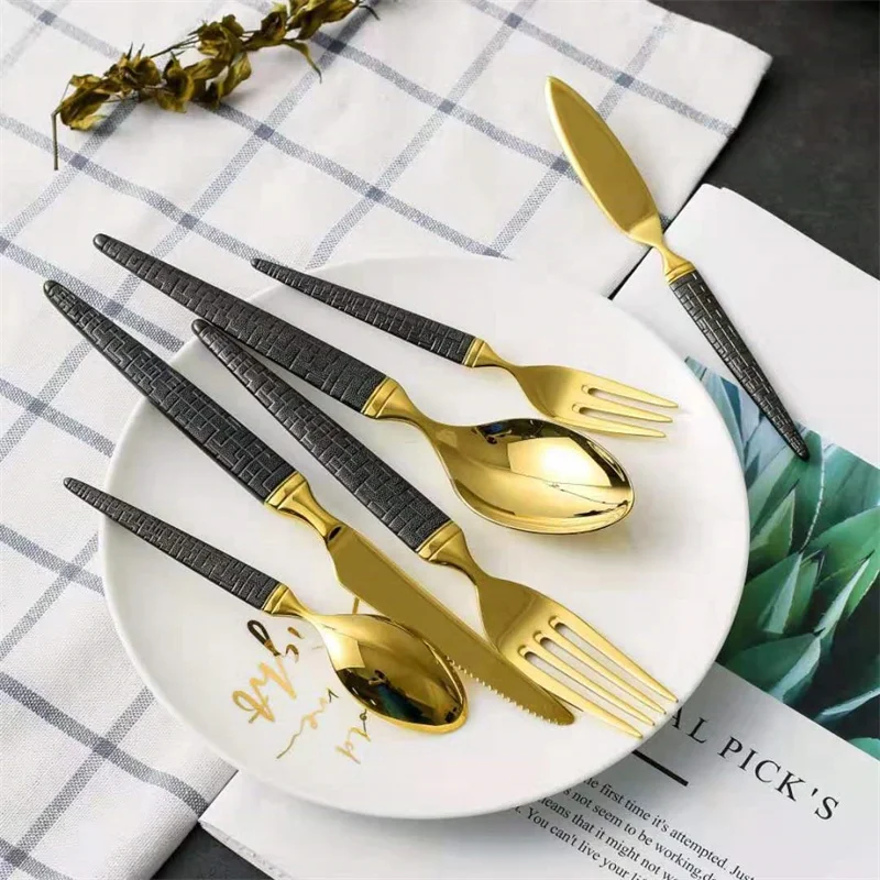 

3/6 Pieces Set Black Gold 304 Stainless Steel Tableware Restaurant Household Small Spoon Fork Knife Tip Handle Tableware
