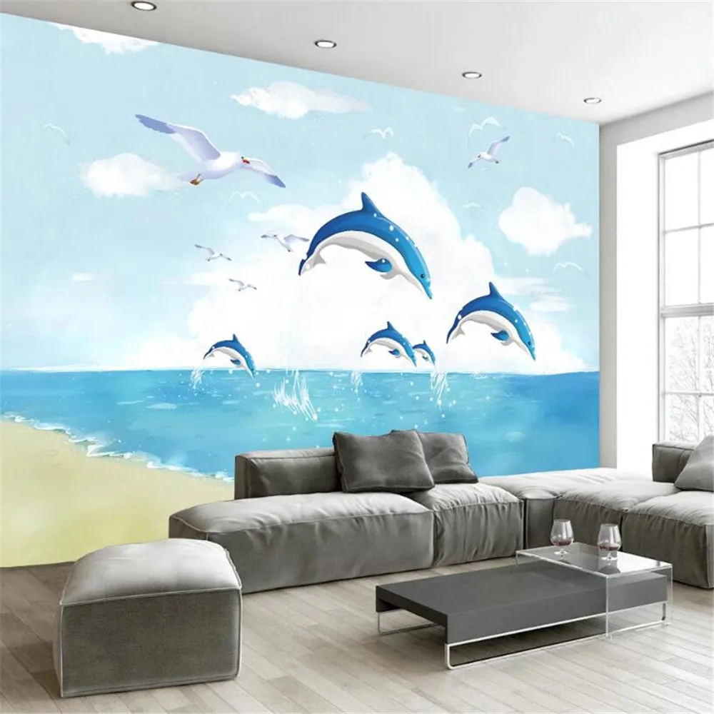

Milofi custom 3D three-dimensional large-scale mural children's beach sea watercolor ink background wall