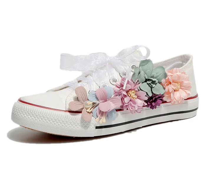 

Sneakers Wedges Canvas shoes Women's casual shoes Women's handmade custom Three-dimensional sequins Flowers White Flat