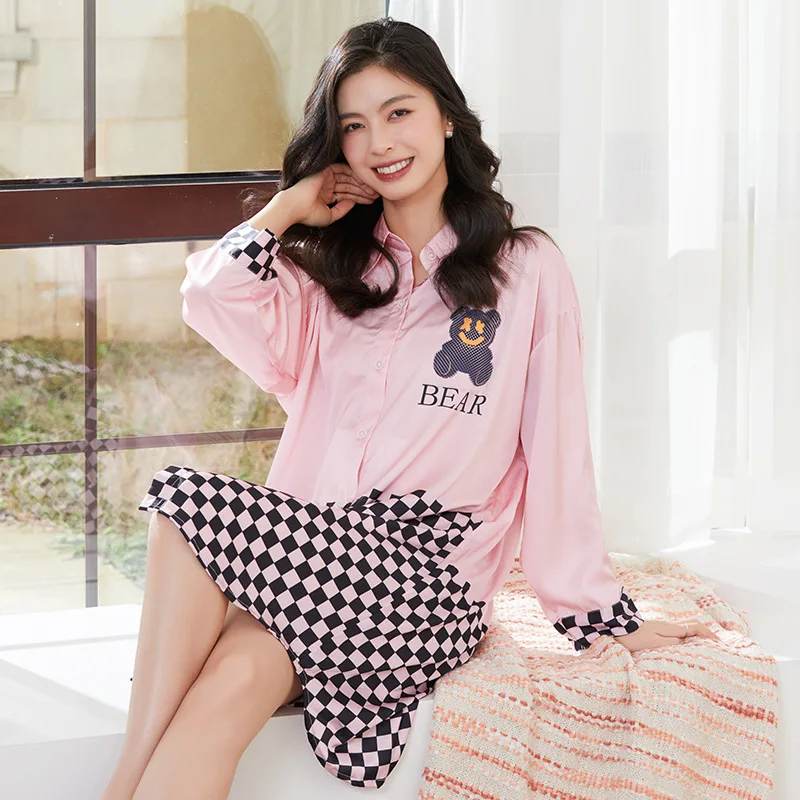 

Women Nightgown Pink Satin Print Sleepwear Nightdress Lingerie Nightwear Sleepdress Sexy Long Sleeve Sleepshirt