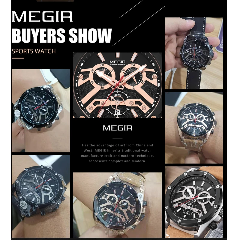 

MEGIR Men Quartz Watch Fashion Waterproof Leather Chronograph Military Watches Mens Clock Relogio Masculino Erkek Kol Saati 2019