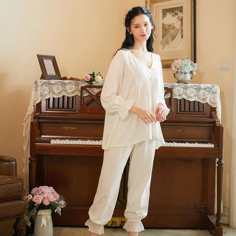 

2023 Cotton Solid Pajamas Long Sleeve Pyjamas Women Sexy Pijama Mujer Loungewear Home Clothes Sleep Set H284