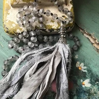 nm18227 shabby boho chic matte grey beads silver sari silk tassel necklace versatile accessory fun jewelry 32inch