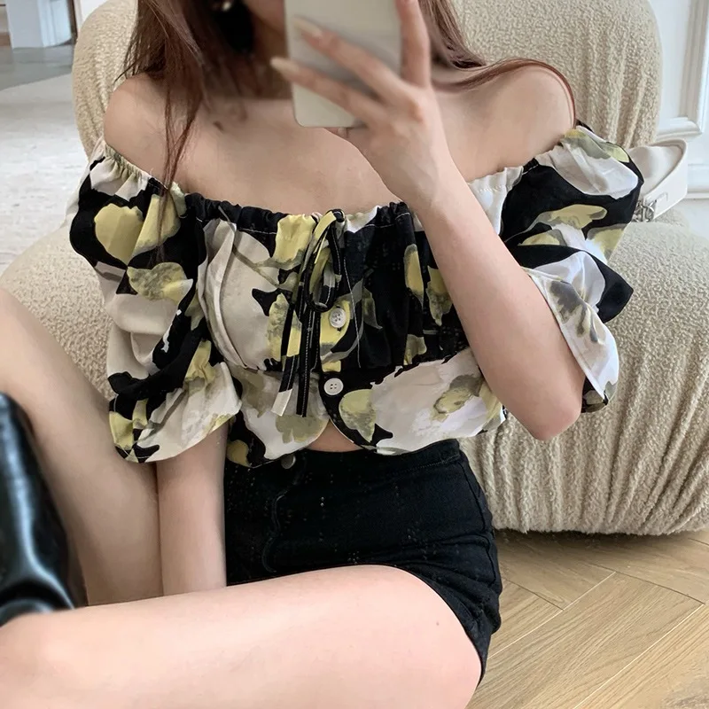 

Women Floral Print Slash Neck Blouse Sexy Short Sleeves Chiffon Shirt Girls Sweet Blouse Tops