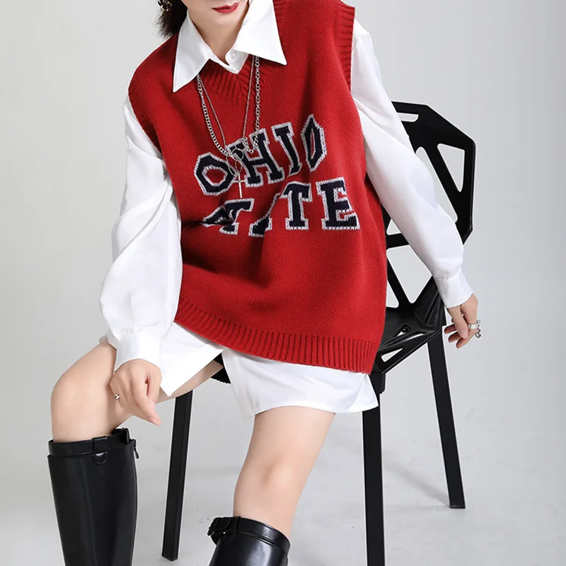 

Retro Letters Printed Vest Women Cotton Knitted Sweater Waistcoat Casual Outerwear Tops Sleeveless Coats T884