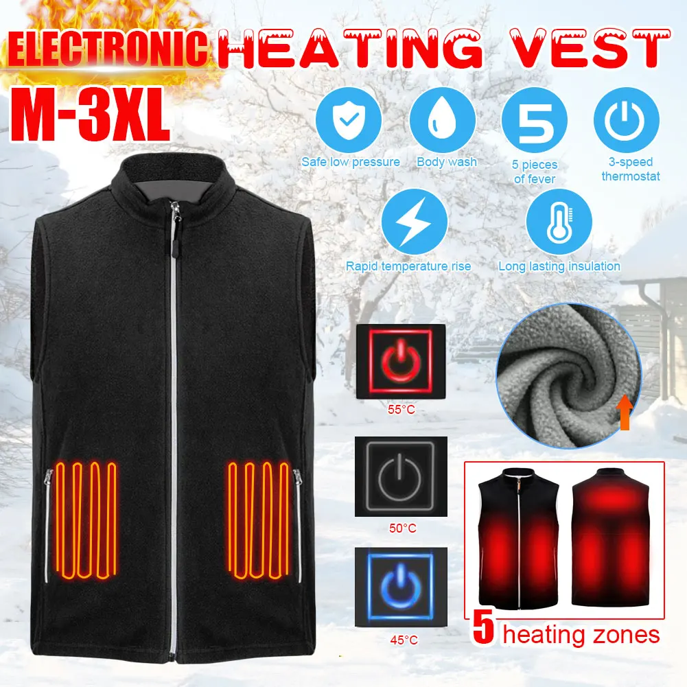 

Polar Fleece Stand-up Collar Five Zones USB Carbon Fiber Electric Heating Vest Warm Clothing For Outdoor Riding Hiking Camping