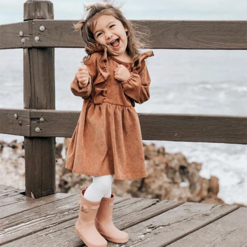 Качественное весеннее дизайнерское детское вельветовое платье с длинным