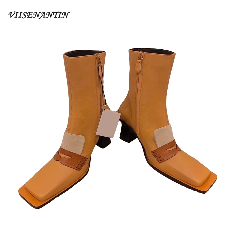 

Женские ботинки из микрофибры, на высоком каблуке, с квадратным носком, в стиле ретро