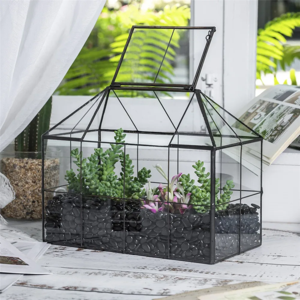 NCYP Glass Geometric Terrarium Tin-Sealed Brass Black House Shape Container with Grid and Swing Lid for Moss Succulents Cacti