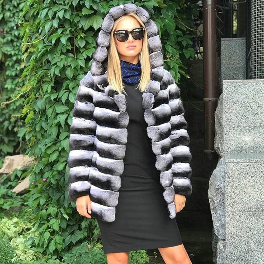 Mid-length Natural Rex Rabbit Fur Jacket with Hood 2021 New Fashion Women Genuine Rex Rabbit Fur Coats with Hood Warm Outwear enlarge