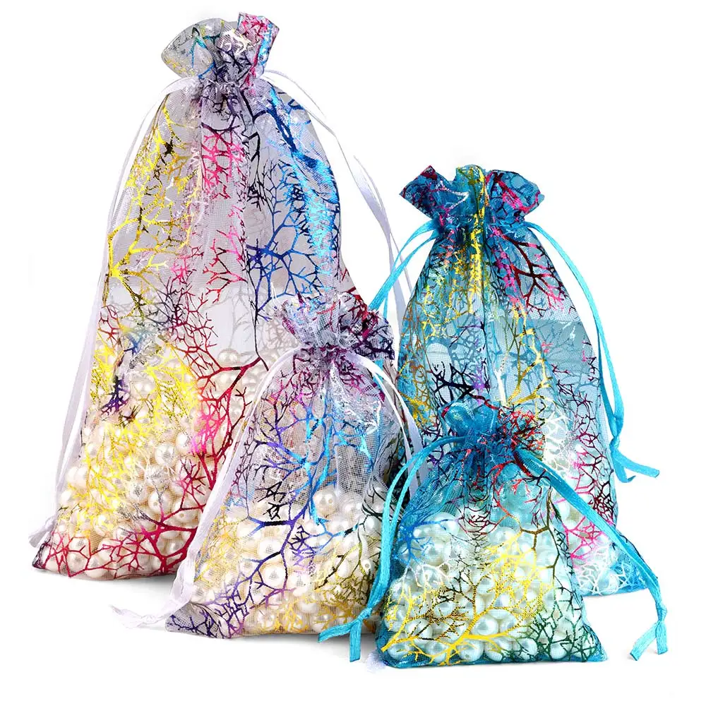 

50pcs Organza Tree Pattern Gift Bags 7x9/9x12/10x15/13x18cm Jewelry Packaging Bags Wedding Party Present Drawable Packing Bags