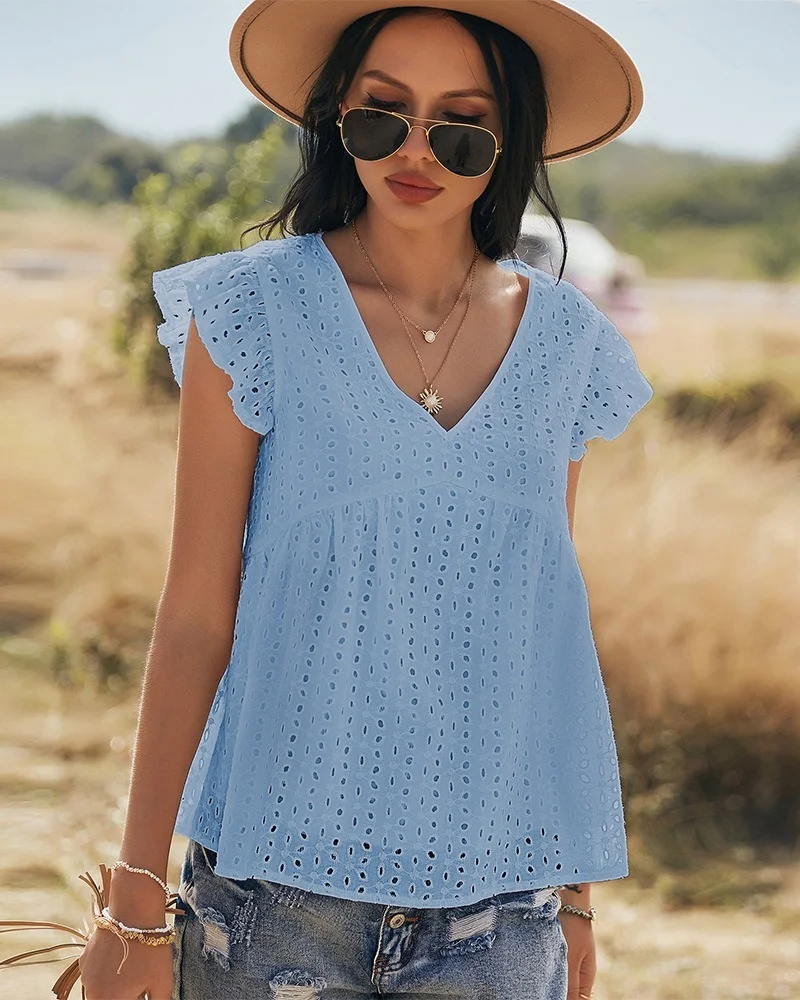 

Casual Embroidery V-neck Butterfly Sleeve Woven fabric Blouse For Women 2021 Summer