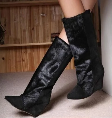 Fashion Patchwork Horse Hair Hidden Wedge Knee Boots Pointy Toe Slip On  Women knight Botas Mujer Black Horsehair Long Boots