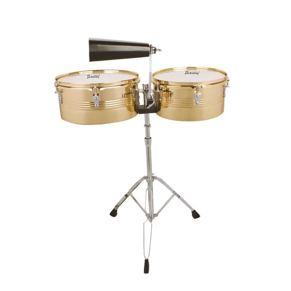 Drum Snare Drum Percussion Instrument + Cowbell +Glarry Latin Percussion 13" 14" Timbales Drum Set With Stand Cowbell Golden