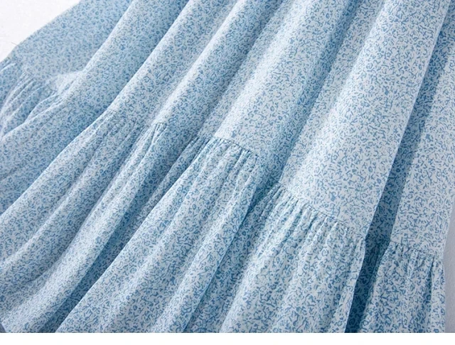 

Women Ruffled Wrapped Midi Dress Printing Puff Sleeve Lace-up Fresh Long Dresses with Sashes Spring Summer