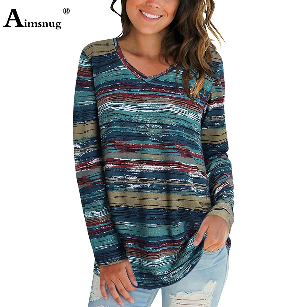 Aimsnug Plus Size T-shirt Ladies Patchwork Stripes Women's Top Clothing 2021 Autumn New Bohemian Tees Shirt Casual Pullovers