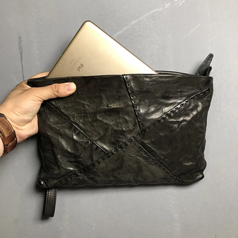 

Vintage handmade leather black men's clutch leather large-capacity stitching stitching tide fold clutch