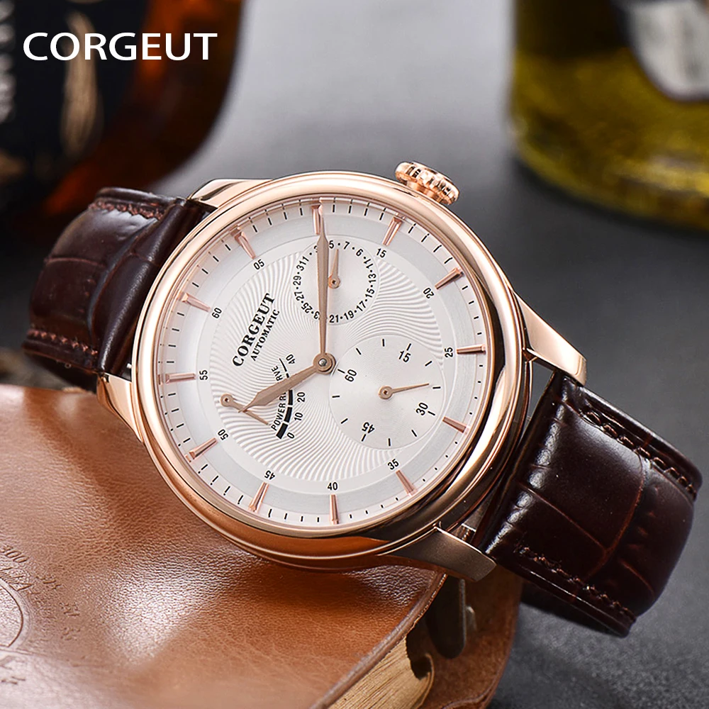 

Corgeut Business Men's Top Mechanical Watch stainless Case Date Leather Strap Waterproof Sport Luxury Watch Orologio da uomo