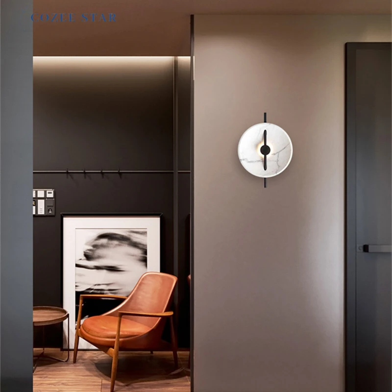 

Postmodern LED Wall Lamps Nordic Novelty Round Marble Iron Wall Sconce Home Decoration Bedroom Living Room Indoor Lighting