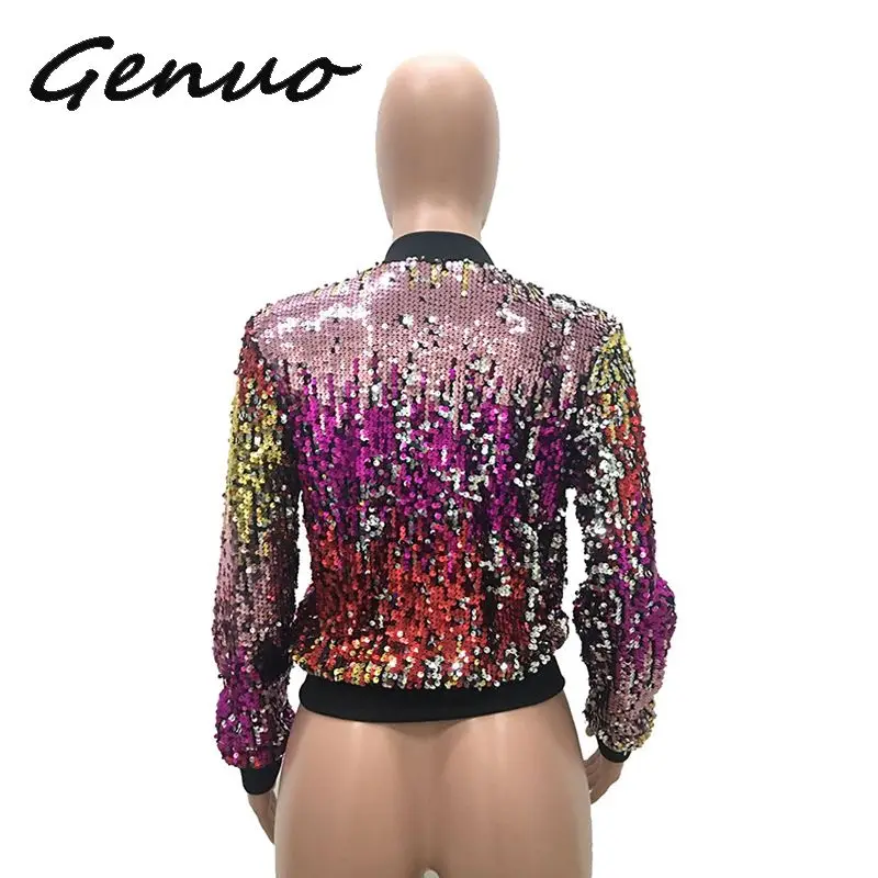 

Genuo Autumn Sequin Bomber Jacket Women Basic Coats Zipper Long Sleeve Baseball Jackets Jaqueta Feminina Inverno Chic Spring