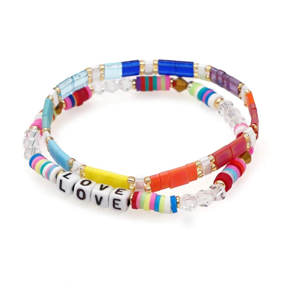 

Go2BoHo Fashion Jewelry Miyuki Rainbow Tila Beads Bracelet Love Clear Crystal Multicolor Clay Bracelets Set for Women Jewellery